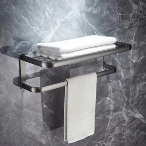 Dark Grey Brass Bathroom Wall Mounted Double Towel Rail Rack Towel Shelf Zba922 - Picture 1 of 7