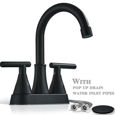 Black Bathroom Sink Faucet 3Hole 4 In Centerset Vanity Mixer 2 Handle with Drain - Image 1 of 4