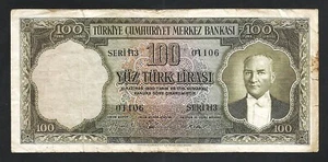 Türkei 100 Lira 1956, ss-, P-168a, Präfix I14, seltene Ausführung, mit einem Riss - Bild 1 von 4