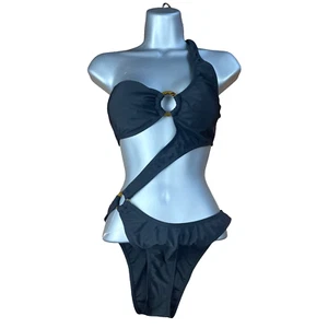 Black Cut Out Side Swimsuit D Ring Padded One Shoulder Women's UK Size 8 - Picture 1 of 4