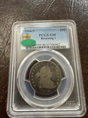 1806/5 G6 CAC PCGS Draped Bust Quarter Over Date Tough Variety Trueview Type - Image 1 of 4