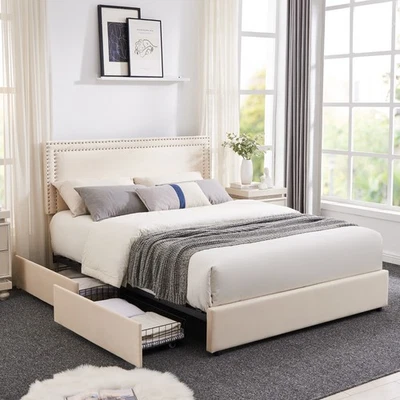 Marco de Cama con 4 Cajones de Almacenamiento Cabecero Terciopelo Plataforma Madera Tamaño Queen Completo Foto 1 de 4
