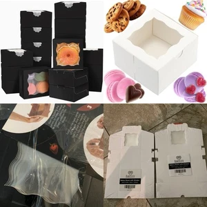 200 PCS 4"x4"x2.5" Black White Bakery Boxes with Window Assorted Treat Scalloped - Picture 1 of 8