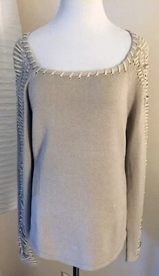 Elie Tahari 米色丝绸混纺毛衣,衣领和袖子带鞭子细节,M — 第 1/4 张图片