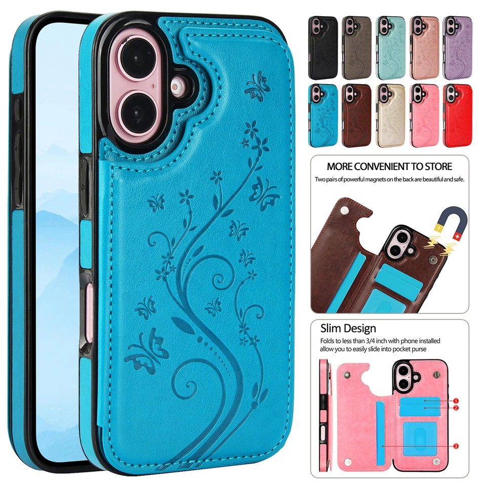 For iPhone 16 15 Pro Max 14 13 12 11 XS Leather Magnetic Wallet Flip Case Cover - Image 1 of 4