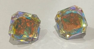 Vintage Large Faceted Cushion Cut Crystal Glass clip On Earrings Rare - Picture 1 of 7