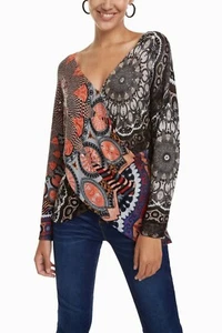 Desigual Berlin Faux Wrap Multicolor Art Floral Versatile Pullover Blouse Sz XL - Picture 1 of 8