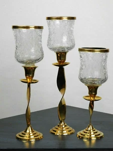 Set of 3, graduated, ribbon twist brass candlestick with crackle glass votives - Picture 1 of 12
