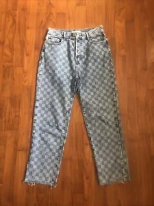 Jeans PACSUN blu check denim bottoni mosca vita alta gamba dritta orlo grezzo donna - Foto 1 di 13