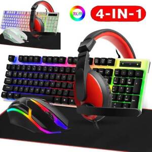 Gaming Keyboard Mouse Headset Set 4in1 Combo Wired USB RGB Backlit For PC Xbox