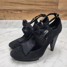 Women's 7 sz 37.5 Sonia Rykiel Black Silk Bow Suede Leather Shoes Pump High Heel