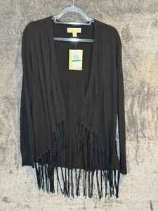 NEW Michael Kors Fringe Cardigan Black Size Large Open Front - Picture 1 of 6