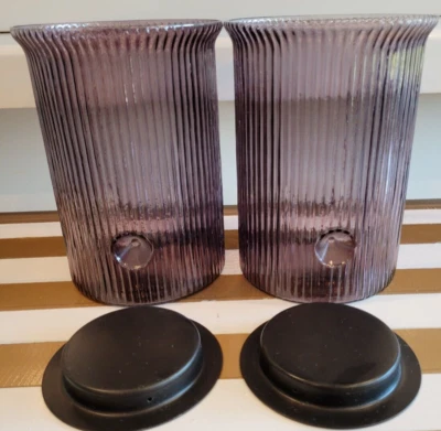 2 PIER 1 AMETHYST GLASS CANDLE LAMPS WITH METAL TEALIGHT VOTIVE HOLDERS 8 INCHES - Image 1 of 4