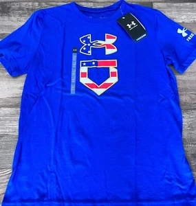 NWT Under Armour Boys YMD Blue BASEBALL USA FLAG Logo Shirt Medium - Picture 1 of 2