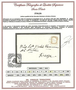 Sardegna 1855 - 10 c. da S. Marcello Pistoiese a Firenze - Certificata - ASI066 - Imagen 1 de 3