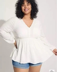 Torrid Babydoll Eyelet Women’s Large Size 12 Cloud Dancer Long Sleeve Top NWT - Picture 1 of 19