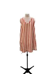 UMGEE Womens L Red White Stripe Linen Cotton Dress July 4th Memorial Day V-neck - Picture 1 of 5