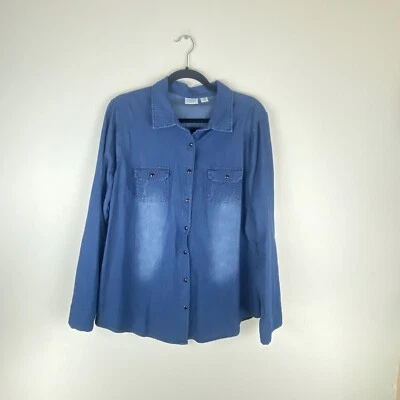 Cato Mujer 18/20W Azul Cambray Perla Botón a Presión Pestaña Enrollable Manga Encaje Espalda Foto 1 de 4