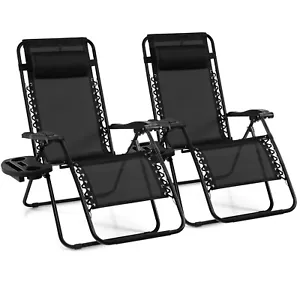 2PC Zero Gravity Chairs Lounge Patio Folding Recliner Outdoor Black W/Cup Holder - Picture 1 of 8
