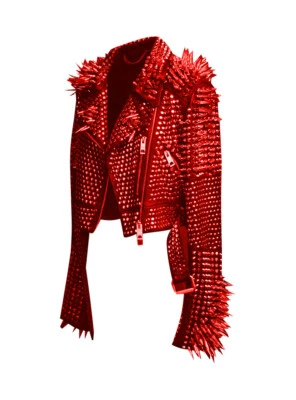 Men's Full Red Punk Long Spiked Studded Real Leather Brando Jacket - Image 1 of 2