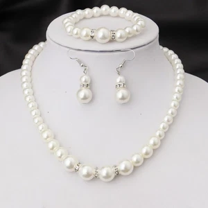 Bride Wedding Jewelry Rhinestone Faux Pearl Necklace Bracelet Earrings Set Gifts - Picture 1 of 10
