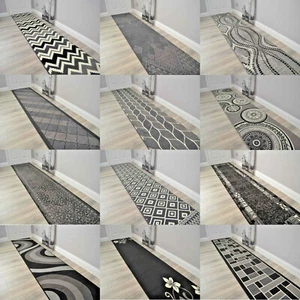 Black Grey Hall Rugs Silver Extra Long Very Wide Narrow Hallway Runner Small Mat - Picture 1 of 26