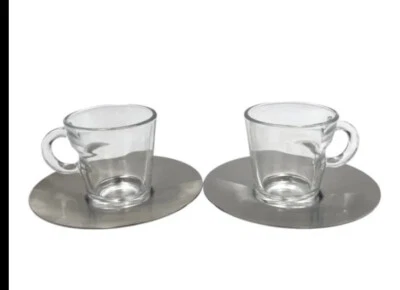 Taza de vidrio espresso Nespresso View y platillo de acero ¡JUEGO DE 2 SIN USAR SIN CAJA! Foto 1 de 4