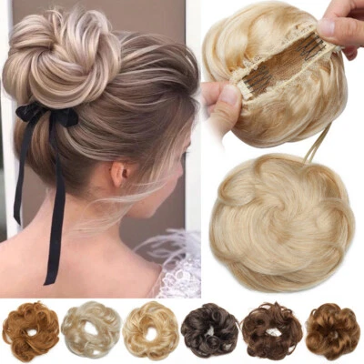 100% Real Human Hair Piece Clip In Wrap On Around Chignon Messy Bun Elastic Band - Image 1 of 4