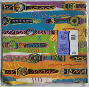 1993 Hallmark USA Neon Watches Fun Time Rad 90s Gift Wrap - Vintage Gift Wrap - Picture 1 of 4