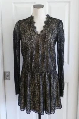 Alice+Olivia Black Lace/Nude V-Neck Elastic Hips LS Party Mini Dress 4 XS S $368 - Image 1 of 4