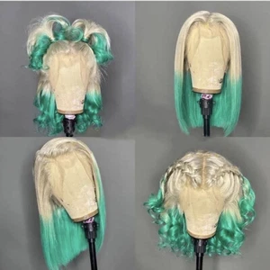 Blonde to Green Ombre Wigs Short Bob Straight Lace Front Wig Synthetic Party Wig - Picture 1 of 4