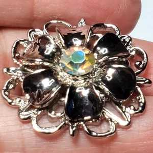 Vintage silberfarbene Strass Blume Anstecknadel Brosche Aurora Borealis Mitte 1" unsigniert - Bild 1 von 4