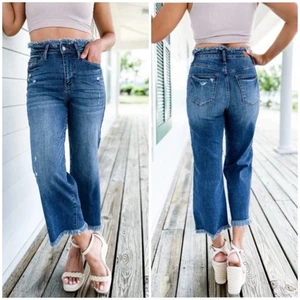 Judy Blue High Rise Straight Wide Leg Crop Ankle Frayed Fringe Waist Hem Jean - Picture 1 of 16