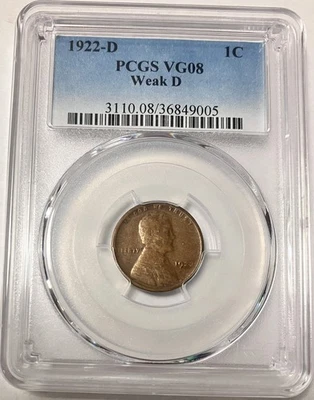 1922-D 1C PCGS VG08 Weak D Lincoln Cent Very Good 08. See photos for exact coin. - Image 1 of 4