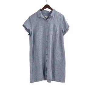 J. Jill Womens Linen Button-Up Short Sleeve Blue Shirt Dress Size Petite Large - Picture 1 of 8