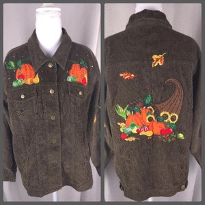 Vintage Quacker Factory Jacket Womens Medium Brown Corduroy Fall Pumpkins 90s - Picture 1 of 23