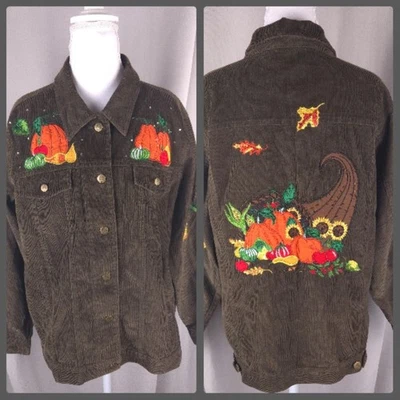 Vintage Quacker Factory Jacket Womens Medium Brown Corduroy Fall Pumpkins 90s - Image 1 of 4