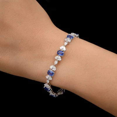 10.01 Tcw Natural SI/H Diamond Blue Sapphire Bracelet Gift 14k White Solid Gold - Image 1 of 4