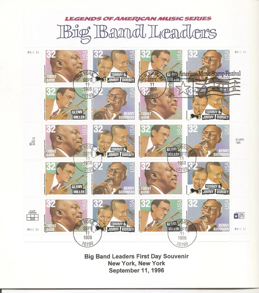 US SC # 3096-3099 Big Band Leaders, Pane Of 20 . First day Of Issue. - Image 1 of 1