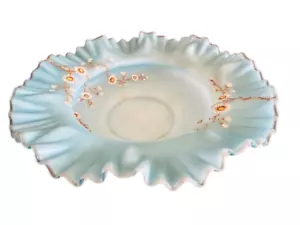 Vintage Fenton XL Bride's Bowl Hand Painted Floral Aqua Blue Ruffled Edge 11" - Picture 1 of 15