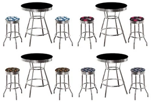 MLB Black and Chrome 3PC Bar Table Set w/Team Fabric Covered Swivel Seat Cushion - Picture 1 of 16