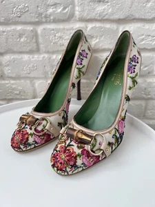 Gucci Multicolor Floral Printed Canvas Bamboo Horsebit Pupms Heels Size 37 - Picture 1 of 10