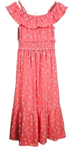 Girls Coral Ruffle Floral Dress Smocked Waist & Shoulder Straps Size Large 10-12 - Picture 1 of 10