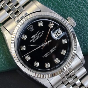 Rolex Mens Datejust Steel Black Diamond Dial Fluted Bezel Jubilee 36mm Watch - Picture 1 of 24