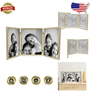 Heavyweight Satin Gold Triple Picture Frame - Antique Design with Velvet Backing - Picture 1 of 7