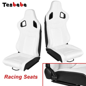 1Pair Universal PU Leather Car Racing Seats Reclinable Bucket Sport White Seats - Picture 1 of 12