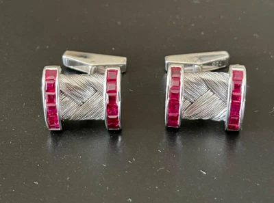 Channel Set Baguette Shape Pink 2.6CT Rubies 935 Silver Elegant Vintage Cufflink - Image 1 of 3