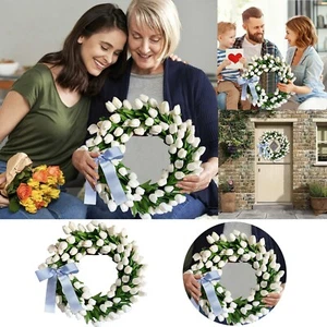 White Spring Wreath Mother's Day Decoration Farmhouse Wall Home Front Door Decor - Picture 1 of 10