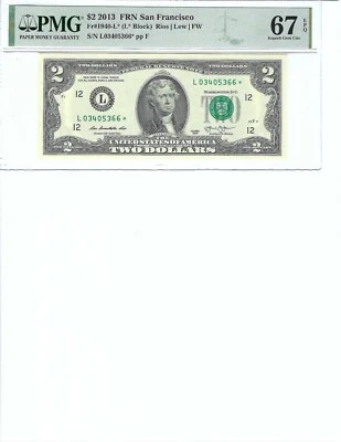 2013 $2 FRN FR1940-L* PMG 67 Gem UNC EPQ, San Francisco * Note S/N L03403566*!!! - Image 1 of 2