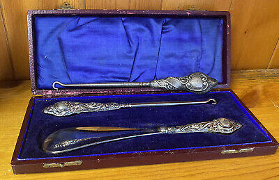 1900s Silver Handled Shoe Horn, Button  & Glove Hook 3-piece Set. Hall-marked  • 49.99£